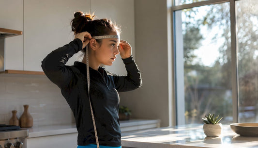 Woman measuring head circumference with tape