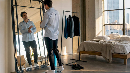 Man trying on regular fit shirt at home