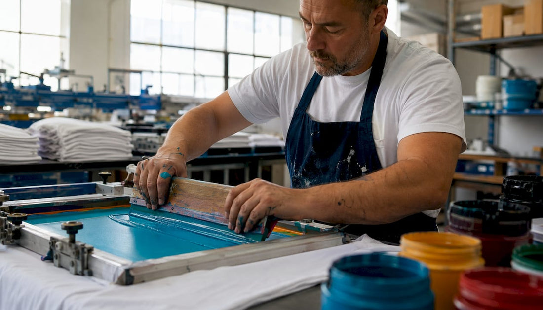Print shop worker applying ink via screen printing