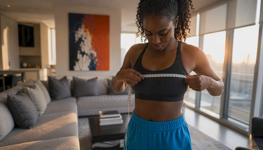 Woman measuring chest with tape measure indoors