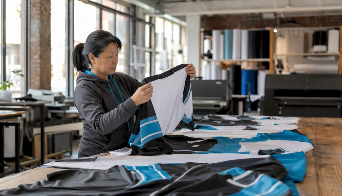 Printer inspecting hockey apparel print samples