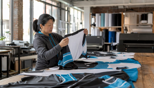 Printer inspecting hockey apparel print samples