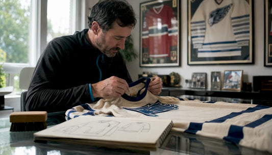 Collector inspecting vintage hockey shirt closely