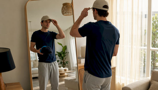 Man comparing dad hat and baseball cap in mirror