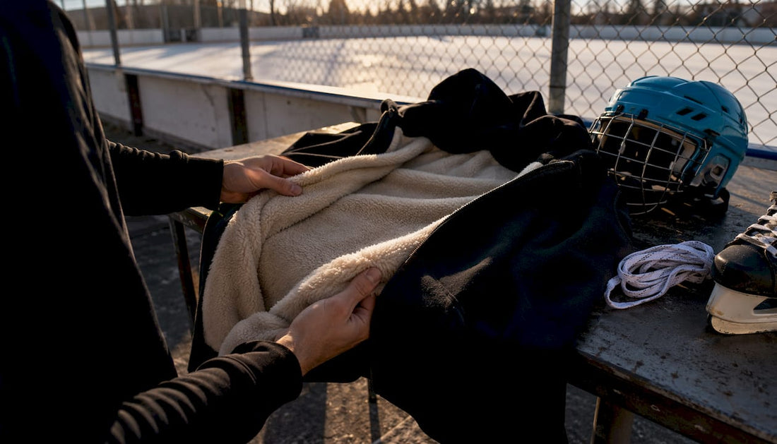 Hands inspecting fleece fabric on hockey hoodie