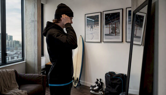 Hockey player wearing lifestyle apparel indoors