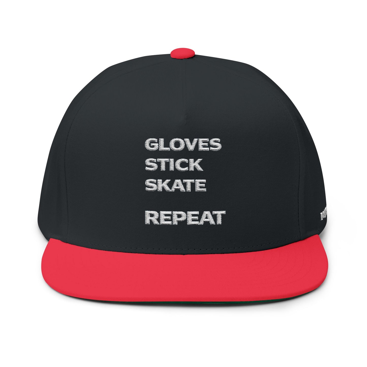 Flat Bill Cap — "Gloves Stick Skate Repeat" Embroidered Hockey Snapback