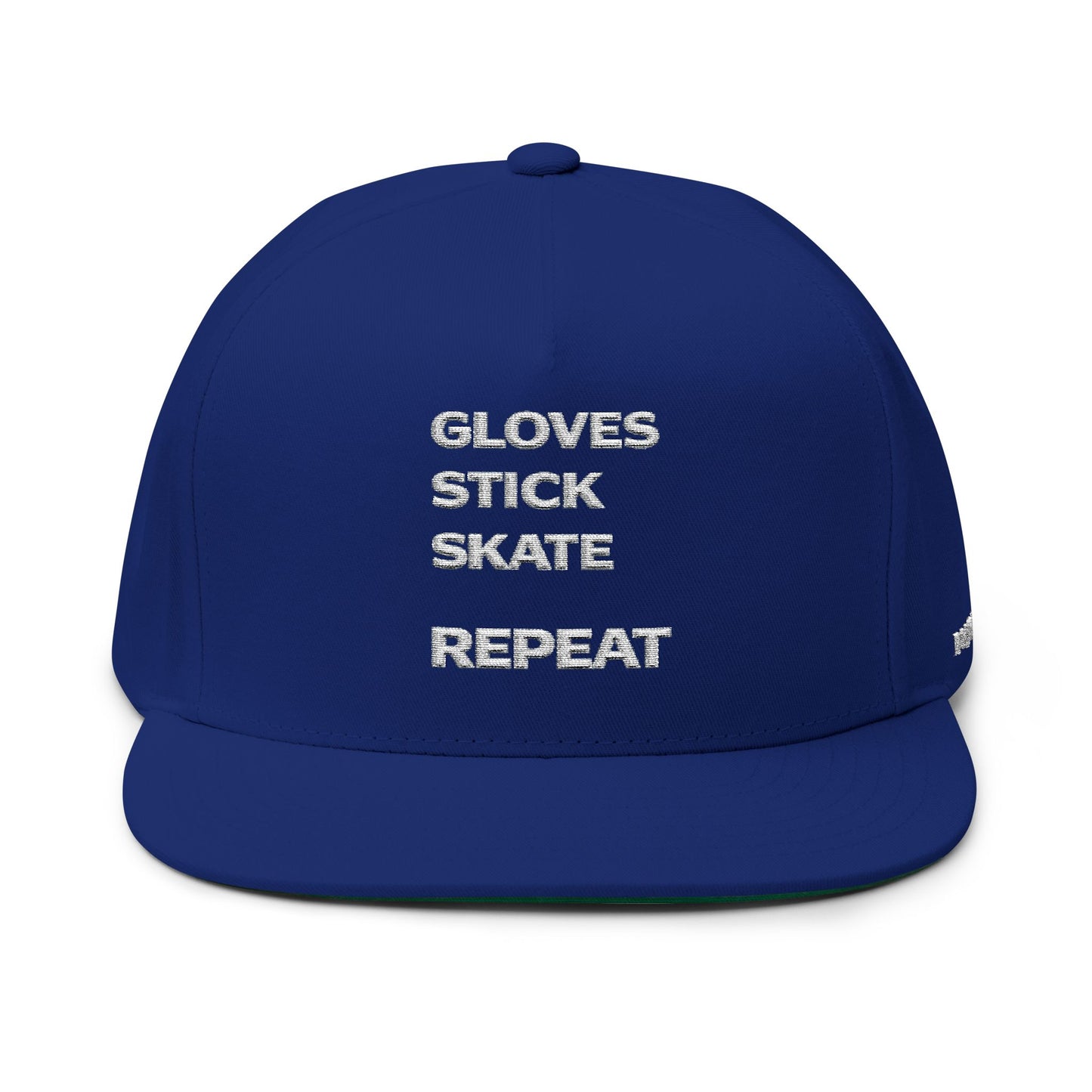 Flat Bill Cap — "Gloves Stick Skate Repeat" Embroidered Hockey Snapback