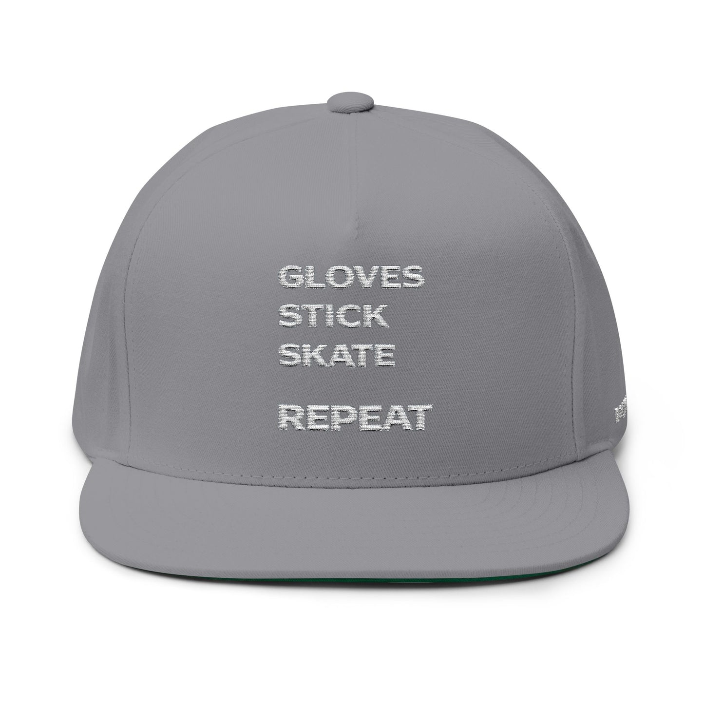 Flat Bill Cap — "Gloves Stick Skate Repeat" Embroidered Hockey Snapback