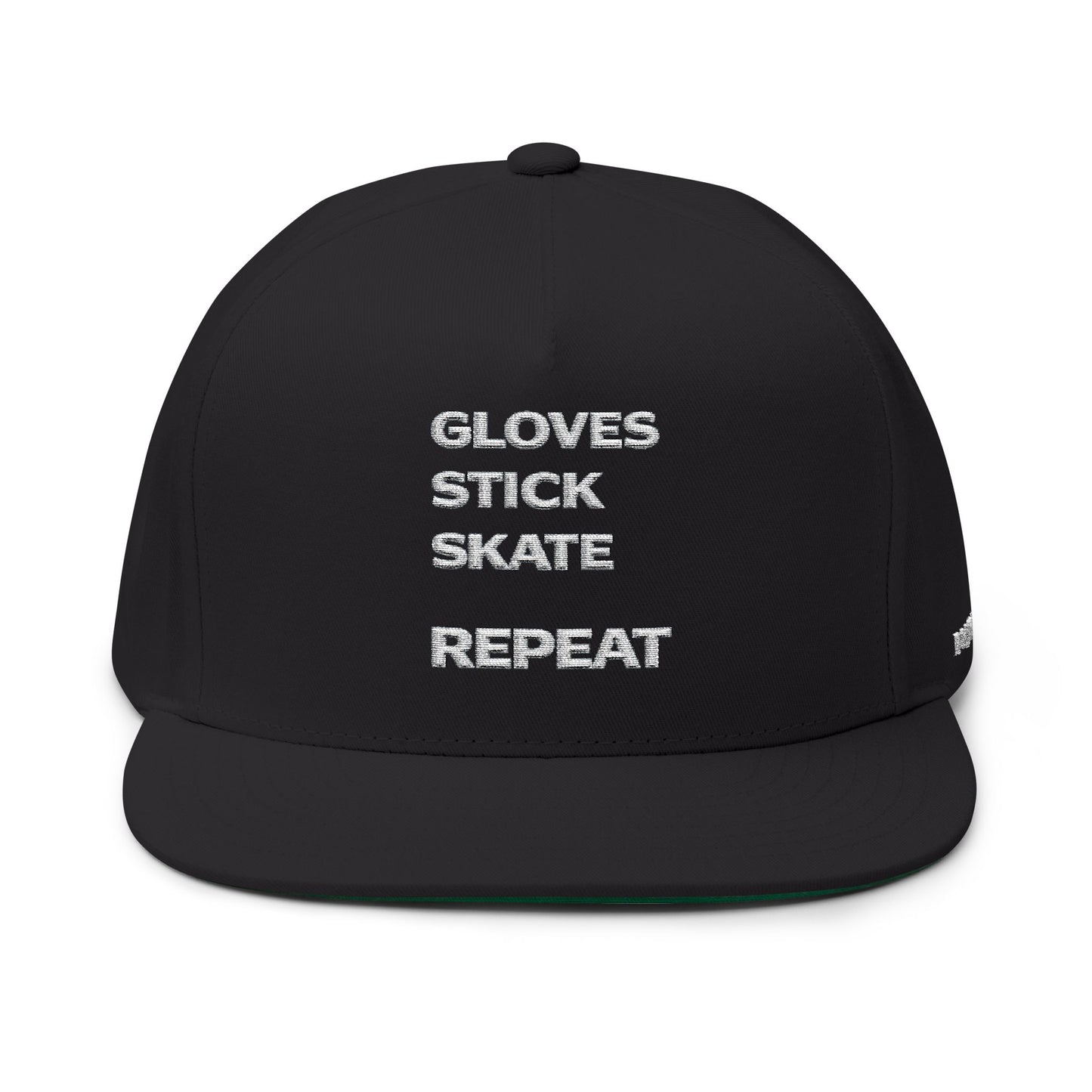Flat Bill Cap — "Gloves Stick Skate Repeat" Embroidered Hockey Snapback