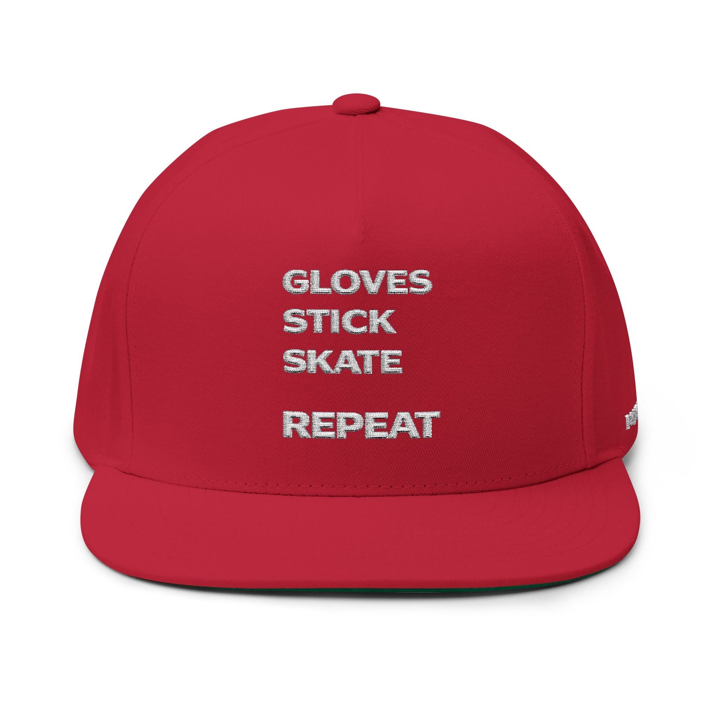 Flat Bill Cap — "Gloves Stick Skate Repeat" Embroidered Hockey Snapback