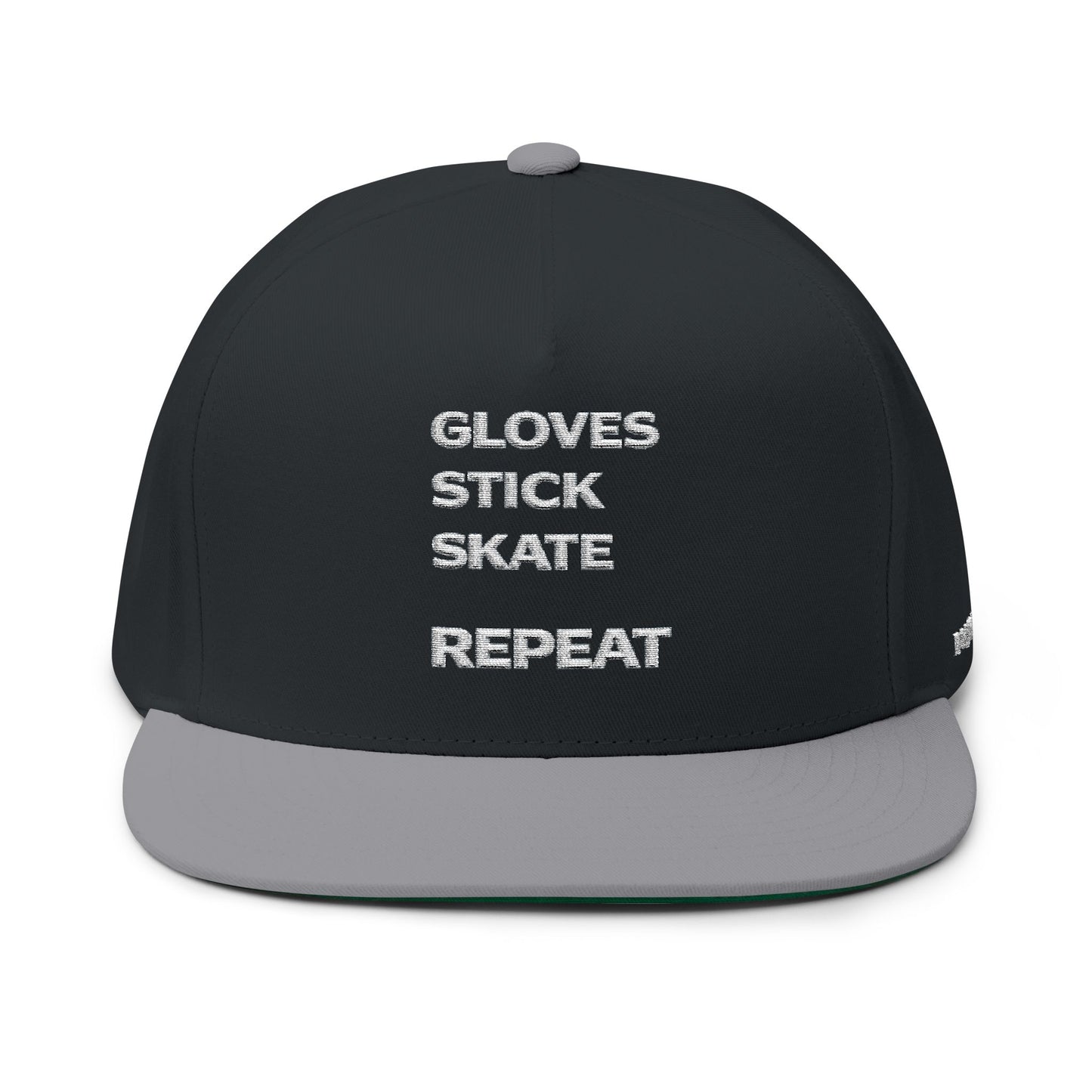 Flat Bill Cap — "Gloves Stick Skate Repeat" Embroidered Hockey Snapback